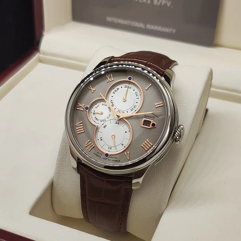 Luxury Brand BORMAN Automatic Mechanical Men's Watches Sapphire 50M Waterproof Multi-function Dial Retro Leather Clocks BM18011 - Image 3