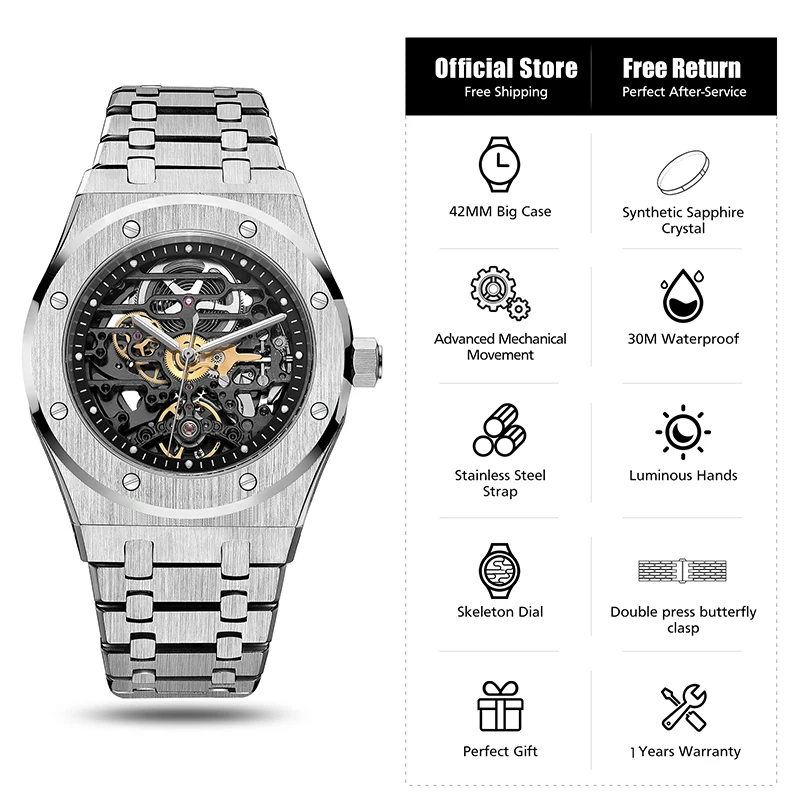 FEICE Automatic Mechanical Luxury Watch Men Top Brand Stainless Steel Watch Luminous Waterproof Watch for Men feice Skeleton 019 - Image 6