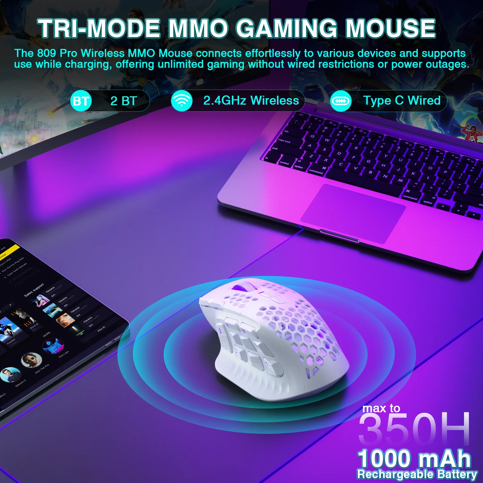 SOLAKAKA SM809 Pro Wireless MMO Gaming Mouse PAW3311 16 Side Buttons 24000 DPI RGB Honeycomb Programmable Macro Wireless mouse - Image 9