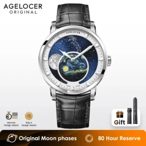 AGELOCER Original Astronomer Watch Van Gogh Oil Painting Men Luxury Automatic Mechanical Moon Phase Watch Birthday Gift for Men