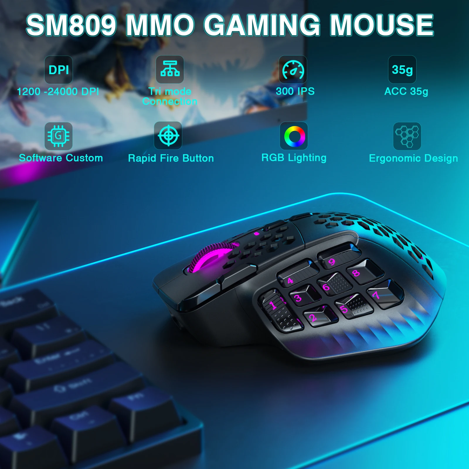 SOLAKAKA SM809 Pro Wireless MMO Gaming Mouse PAW3311 16 Side Buttons 24000 DPI RGB Honeycomb Programmable Macro Wireless mouse - Image 5