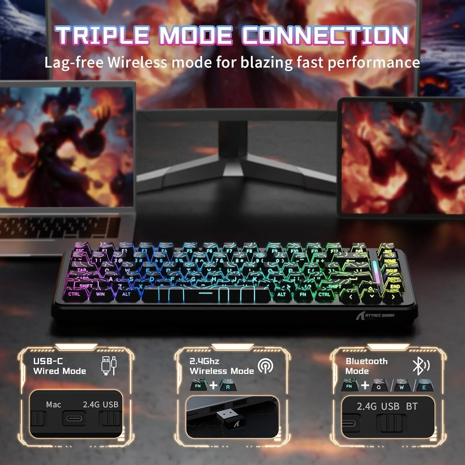 Attack Shark X82Pro HE 75% Magnetic Wireless Gaming Keyboard, 0.01mm RT, 8KHz Polling, Hot-Swap, Tri-Mode Bluetooth/2.4G/USB-C - Image 20
