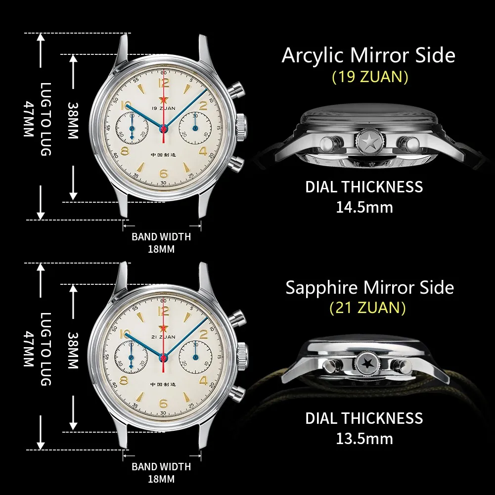 RED STAR 38mm Men's 1963 Chronograph Mechanical Watch Pilot with Seagull Movement ST1901 Air Force Aviation Sapphire Goose 40mm - Image 5