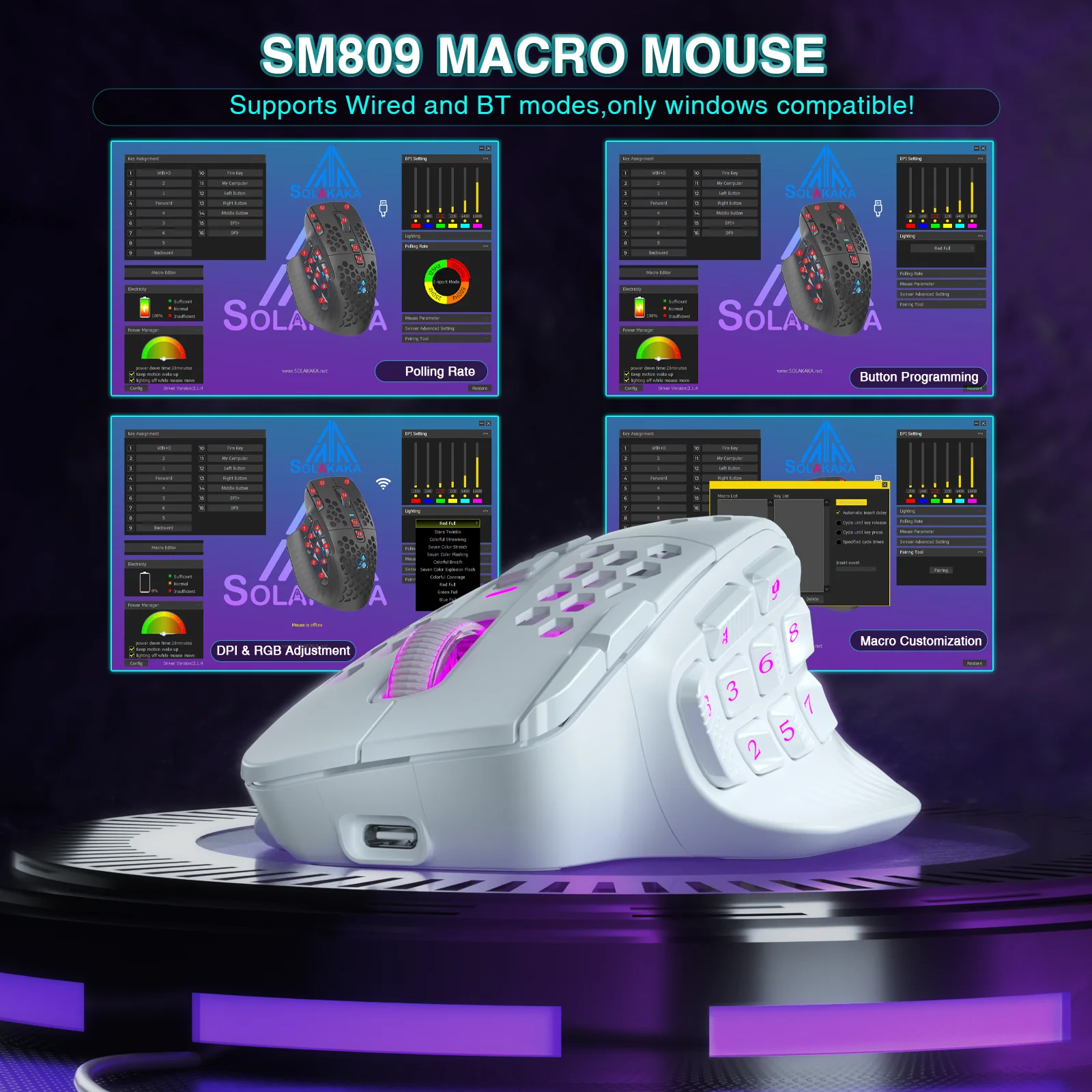 SOLAKAKA SM809 Pro Wireless MMO Gaming Mouse PAW3311 16 Side Buttons 24000 DPI RGB Honeycomb Programmable Macro Wireless mouse - Image 6